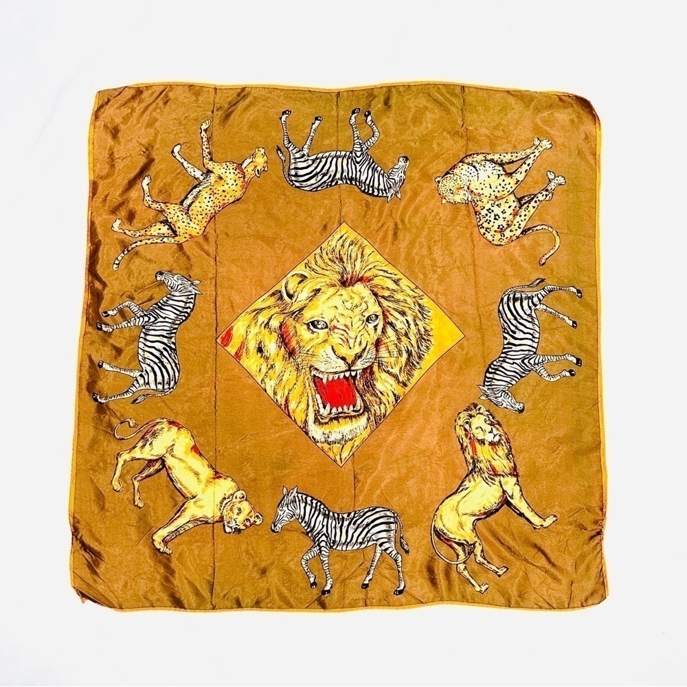 Vintage Silky Brown Safari Print Lion Zebra Cheetah Square Scarf